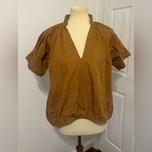 LIVRO Brown Cotton Poplin Bubble Hem Top Size M Relaxed V-Neck Blouse